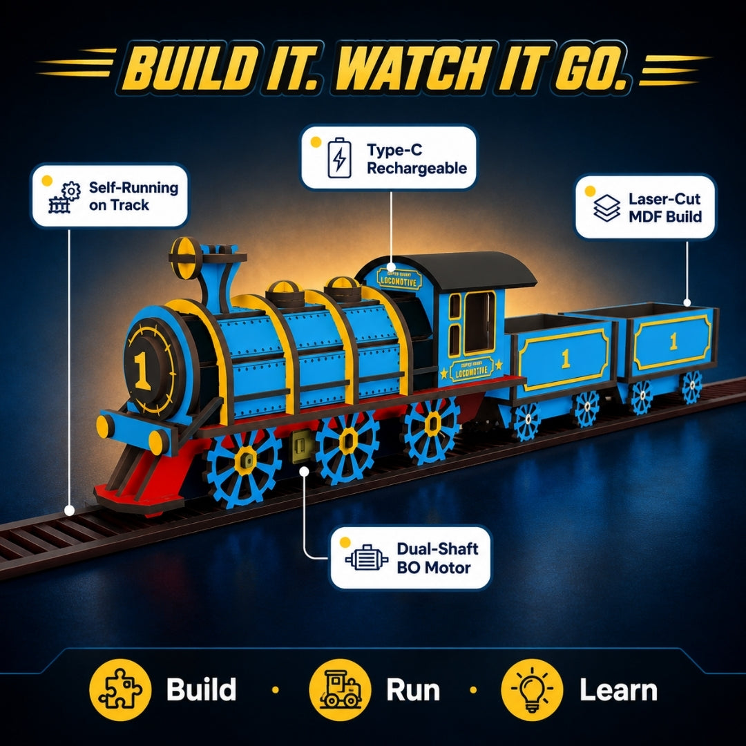 Steam train features: self-running on track, Type-C rechargeable, laser-cut MDF, dual-shaft BO motor