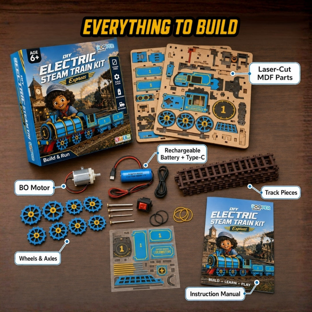 What's in the box: laser-cut MDF parts, BO motor, rechargeable battery and Type-C cable, track pieces, wheels and axles, instruction manual