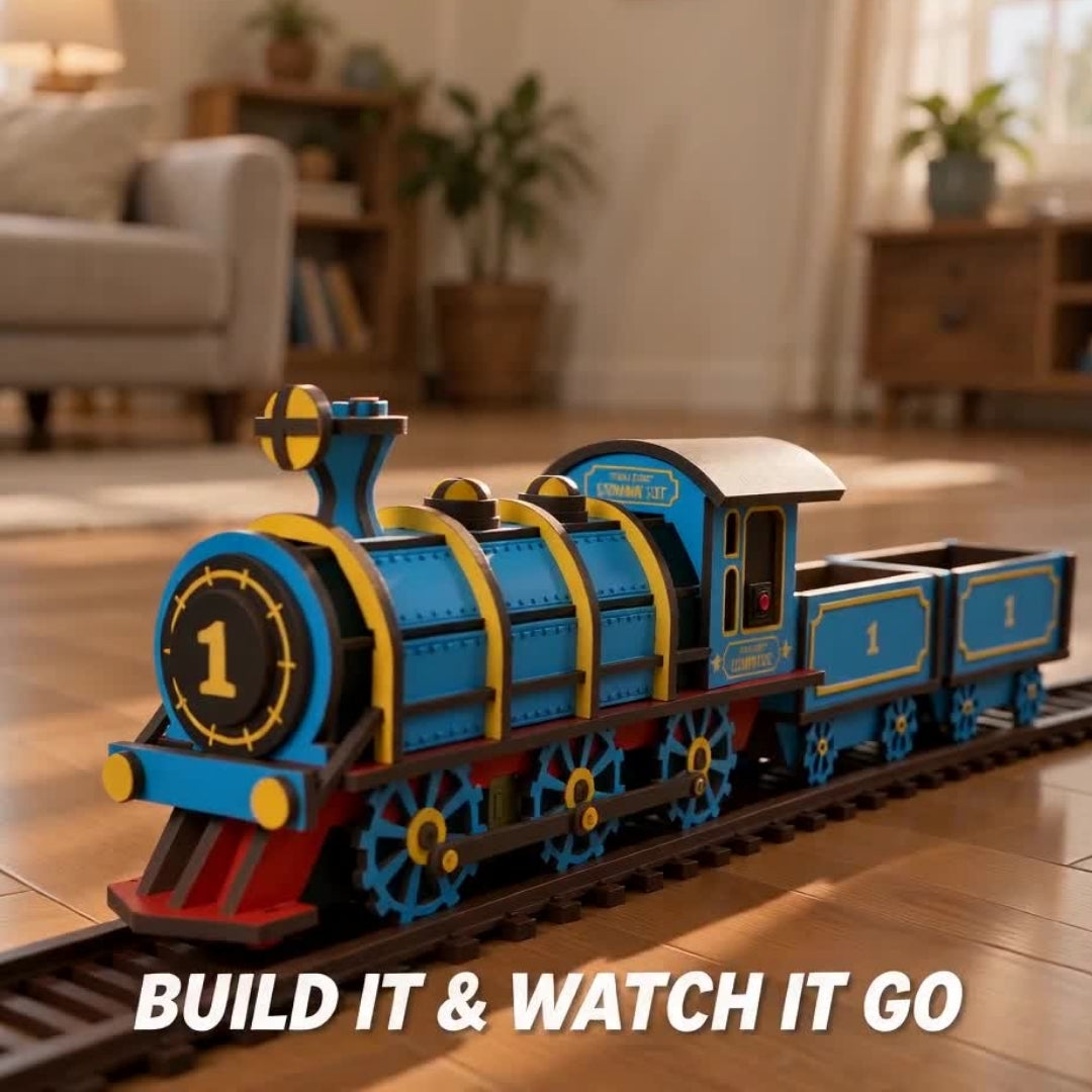 Assembled steam train running on its track on a living room floor