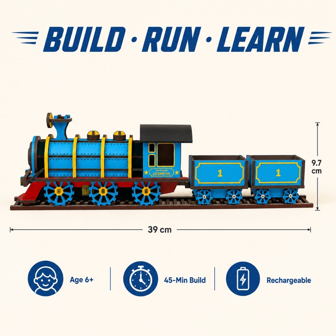 Steam train dimensions: 39 cm long, 9.7 cm tall, Age 6+, 45-minute build, rechargeable