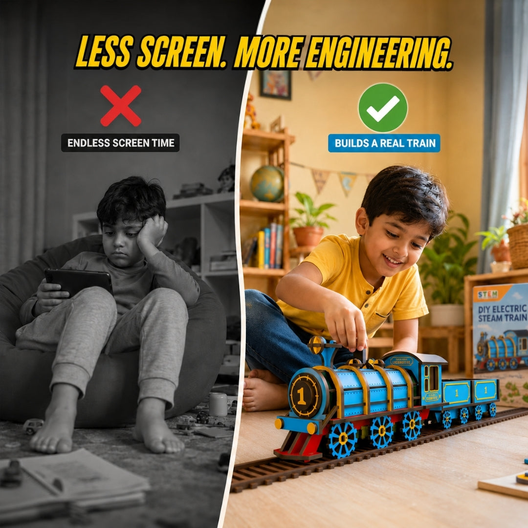 Less screen, more engineering — a child building a real train instead of endless screen time
