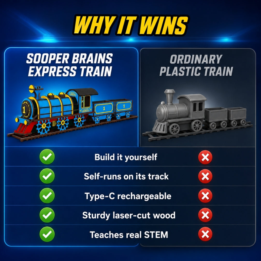 Comparison: Sooper Brains Express Train vs ordinary plastic train — build it yourself, self-runs, Type-C, laser-cut wood, real STEM
